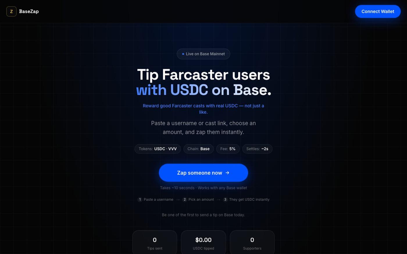 BaseZap — Real USDC Tips on Base — screenshot