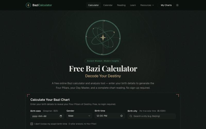 Free Bazi Calculator & Analysis — Decode Your Destiny | BaziCalculator — screenshot