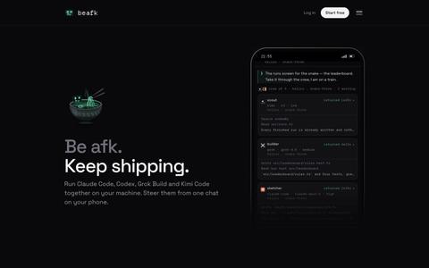 beafk — run Claude Code, Codex, Grok and Kimi from your phone — screenshot