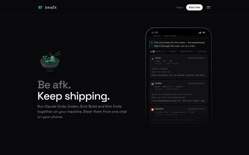 beafk — run Claude Code, Codex, Grok and Kimi from your phone — screenshot