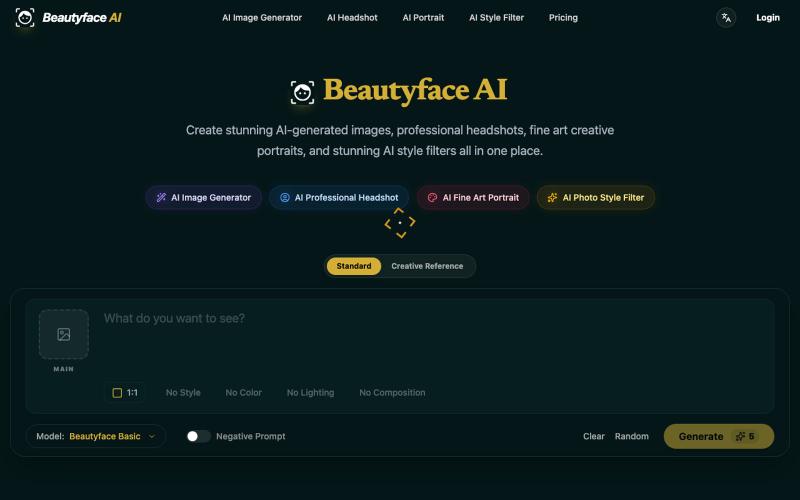 Beautyface AI Image Generator & AI Photo Studio | Beautyface AI — screenshot