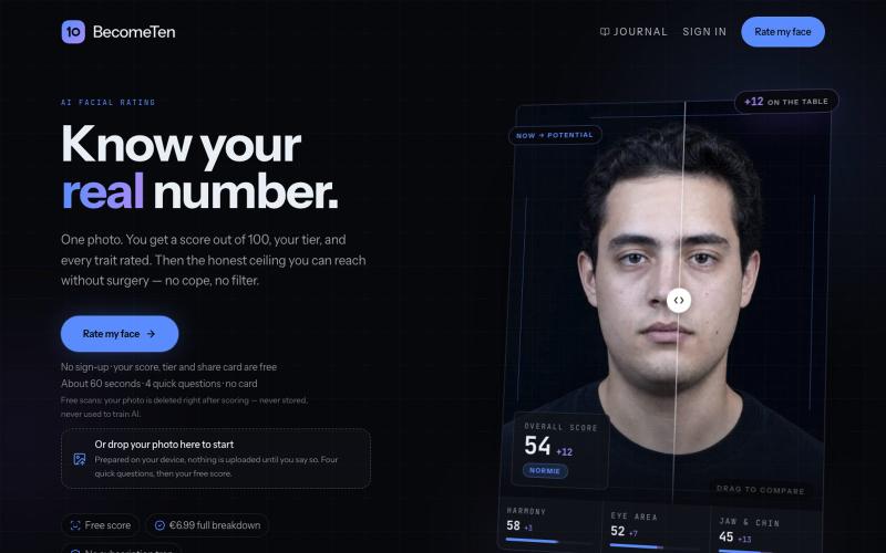 BecomeTen — free AI face rating and PSL score — screenshot