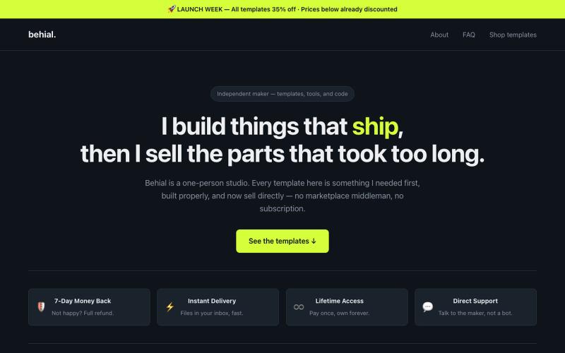 Behial — Dark, Editorial & Bold Website Templates by an Indie Maker — screenshot