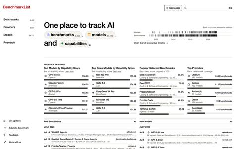 AI Benchmark Leaderboards & Model Evals | BenchmarkList — screenshot