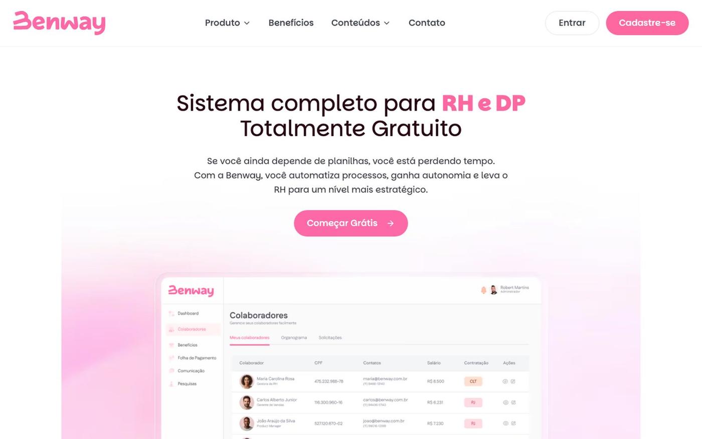 Sistema de RH Gratuito para Pequenas Empresas | Benway — screenshot