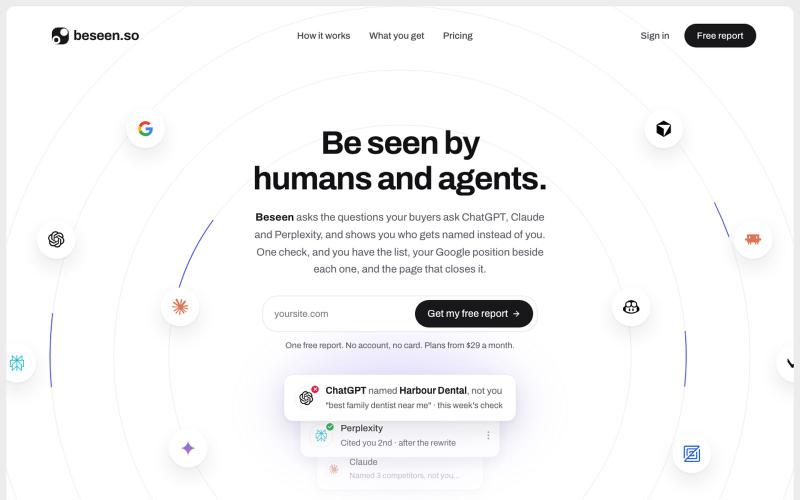beseen.so: be seen by humans and agents — screenshot