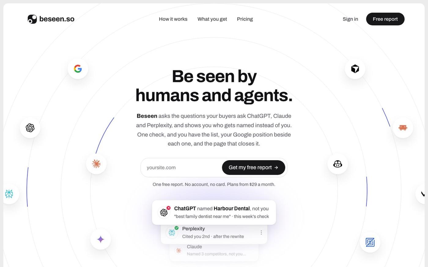 beseen.so: be seen by humans and agents — screenshot