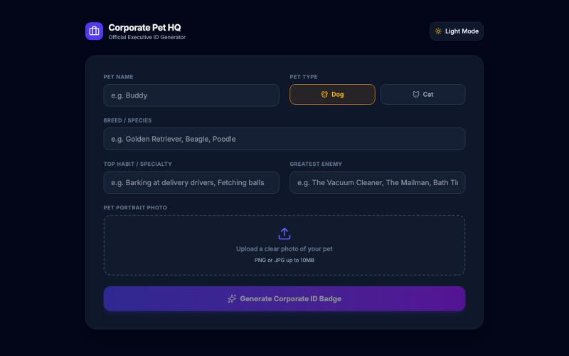 Corporate Pet HQ - Executive ID Generator — screenshot