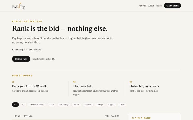 Bid4Top — Pay to rank. Rank is the bid. — screenshot
