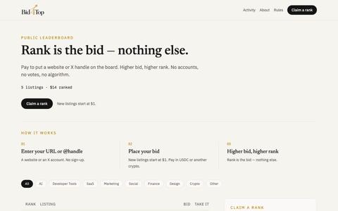 Bid4Top — Pay to rank. Rank is the bid. — screenshot