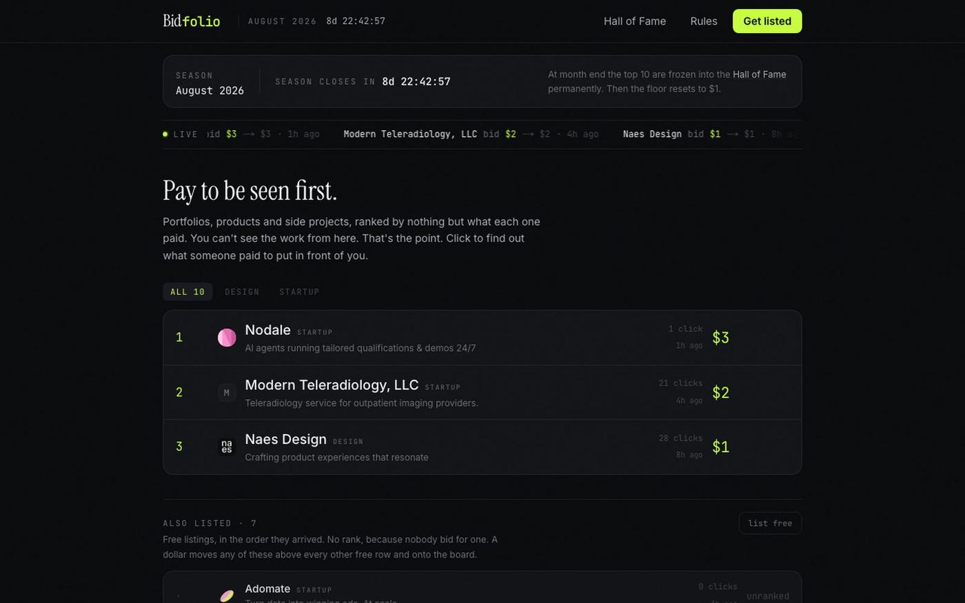 Bidfolio · The jury is money. — screenshot
