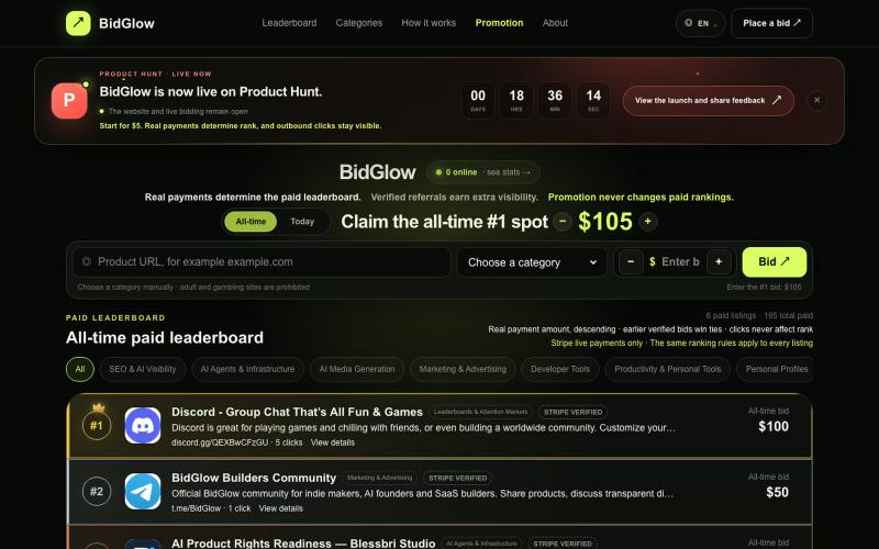 BidGlow — The Public Bid Leaderboard — screenshot
