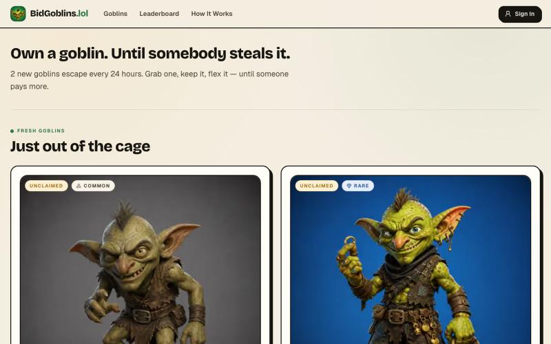 BidGoblins — Own a goblin. Until somebody steals it. — screenshot