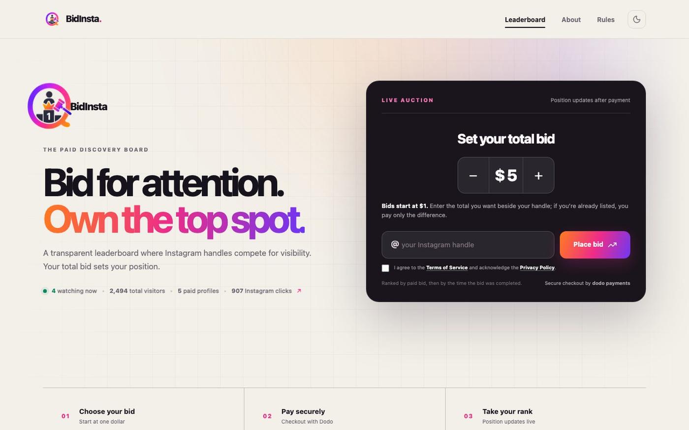 BidInsta — The Instagram Handle Leaderboard — screenshot