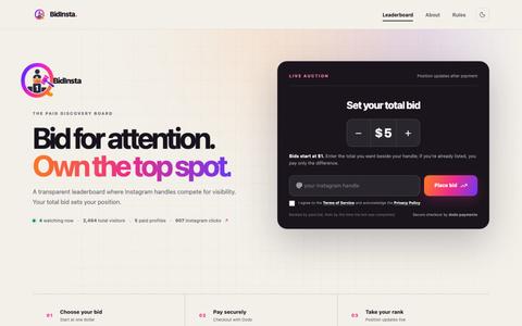 BidInsta — The Instagram Handle Leaderboard — screenshot