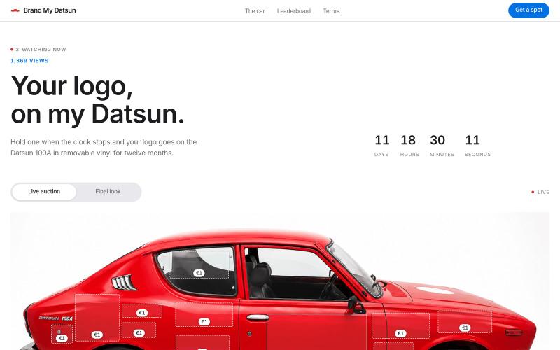 Brand My Datsun: advertising space on a 1974 Datsun 100A — screenshot