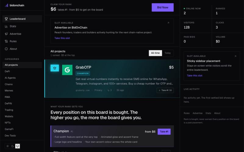 BidOnChain — The paid leaderboard for crypto, AI and Web3 — screenshot