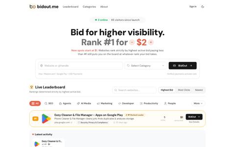 BidOut.me | Live Pay To Rank Directory Leaderboard — screenshot