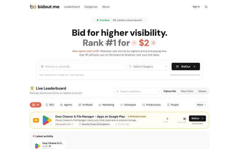 BidOut.me | Live Pay To Rank Directory Leaderboard — screenshot