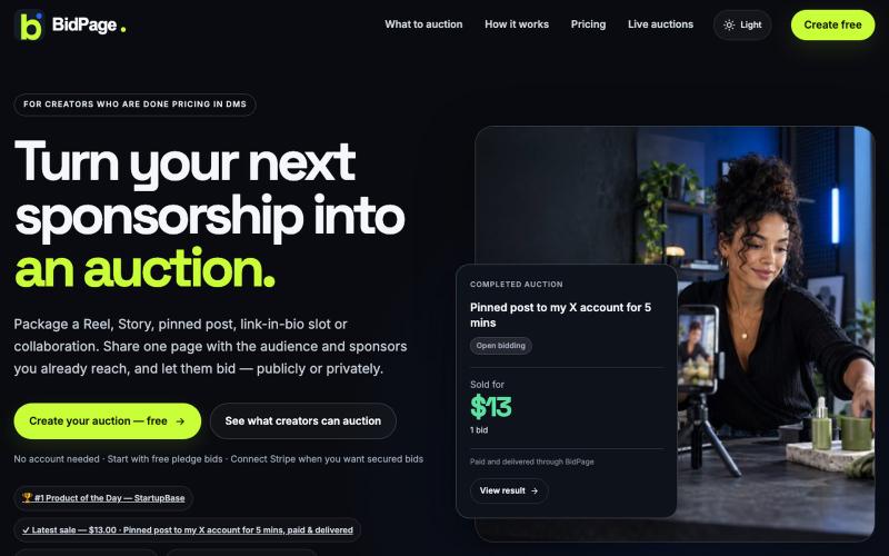 BidPage for Creators — Turn Your Next Sponsorship Into an Auction — screenshot