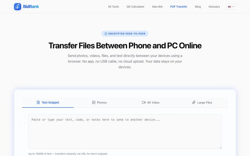 P2P File Transfer — Phone to PC Online | BidRank — screenshot