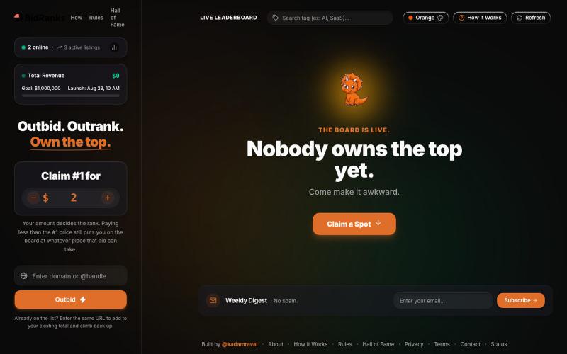 Bidranks — Outbid-Style Paid Leaderboard & Startup Marketplace — screenshot
