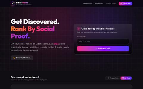 BidTheName — Get Discovered. Rank By Social Proof. — screenshot
