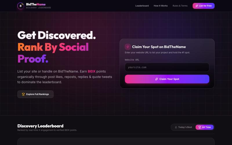 BidTheName — Get Discovered. Rank By Social Proof. — screenshot
