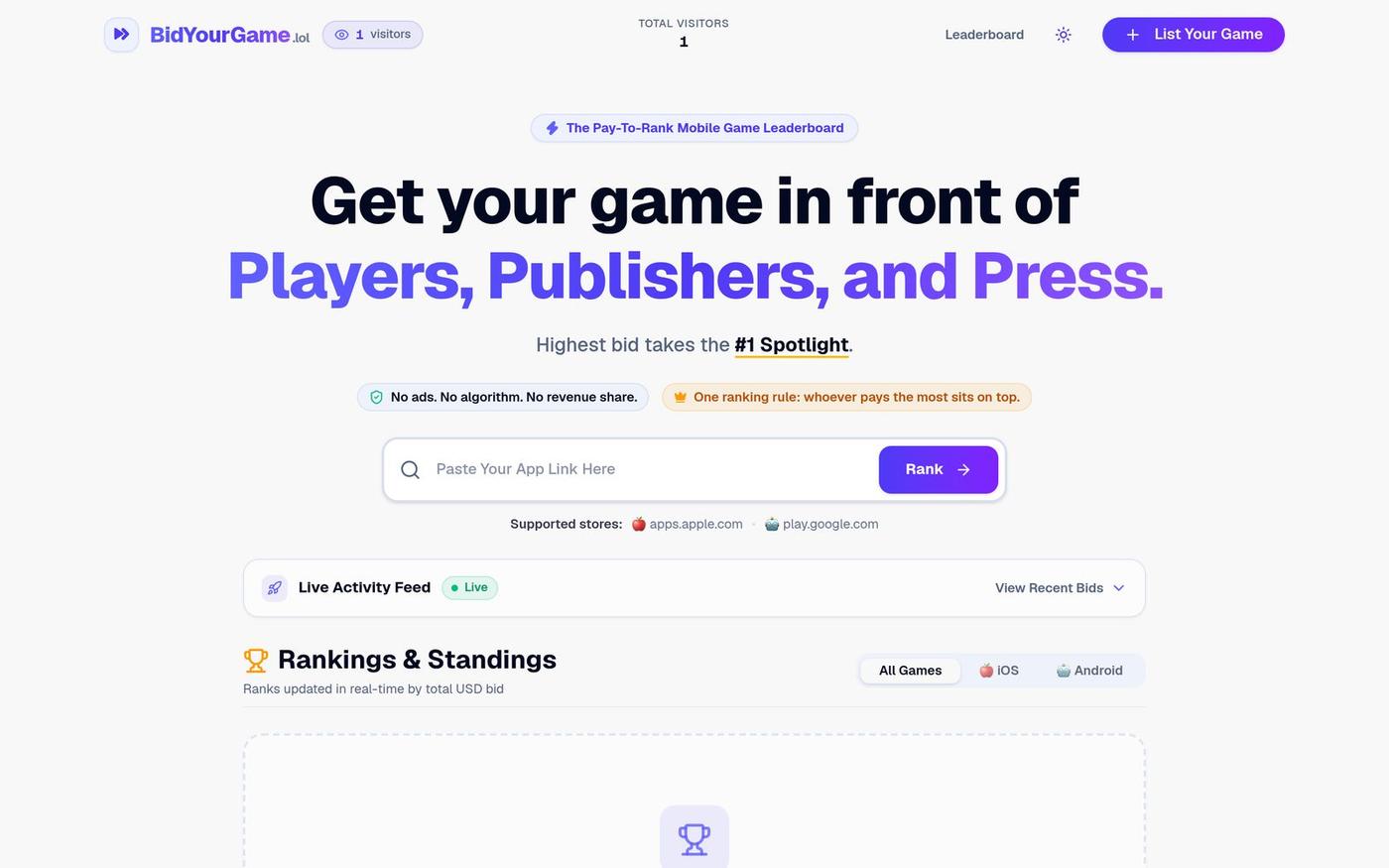 BidYourGame — Pay to rank your game. — screenshot