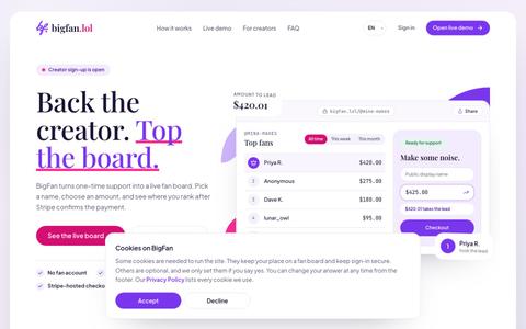 BigFan | Support creators and top the fan board — screenshot