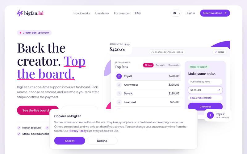 BigFan | Support creators and top the fan board — screenshot