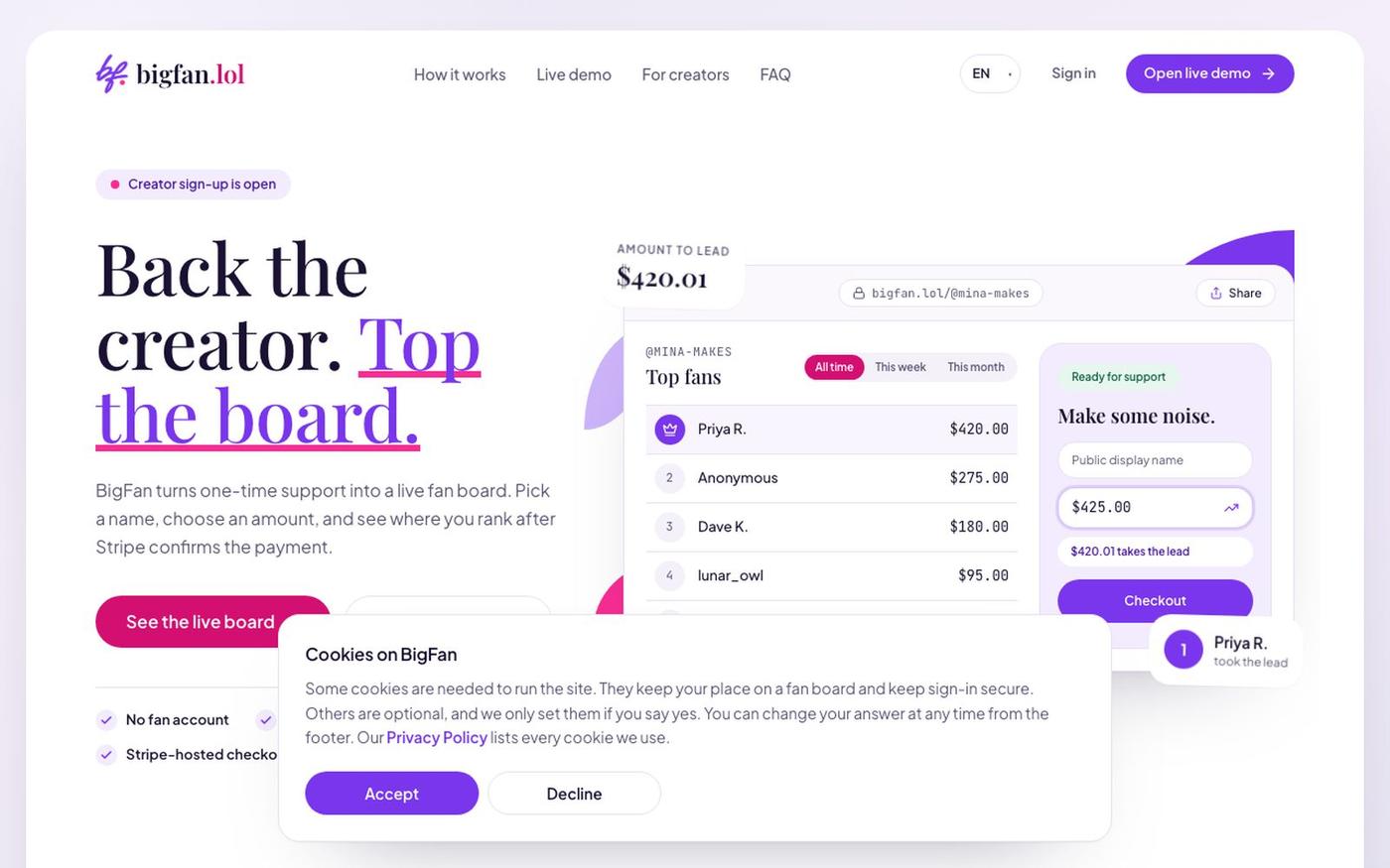 BigFan | Support creators and top the fan board — screenshot