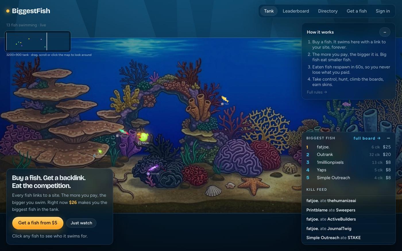 BiggestFish: buy a fish, get a backlink, eat the competition — screenshot