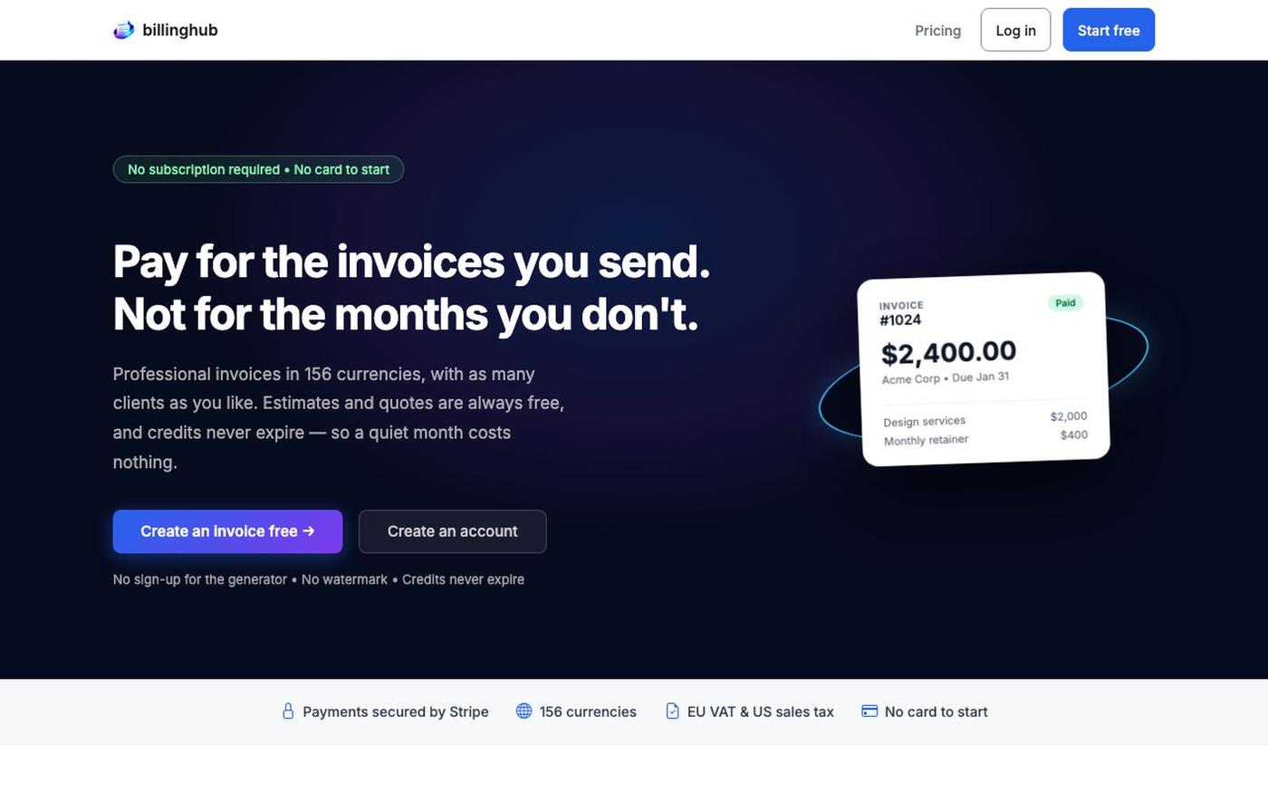 BillingHub — Pay per invoice, not per month — screenshot