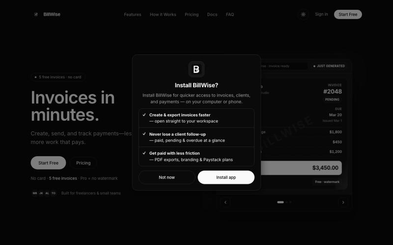 BillWise — Invoice Software for Freelancers & Startups | Free + NGN Plans — screenshot