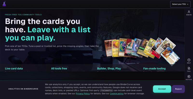 BinderCurve | One TCG hub | Fresh free TCG community tools — screenshot