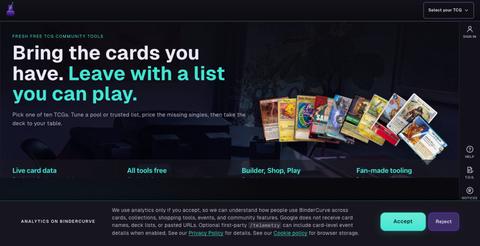 BinderCurve | One TCG hub | Fresh free TCG community tools — screenshot