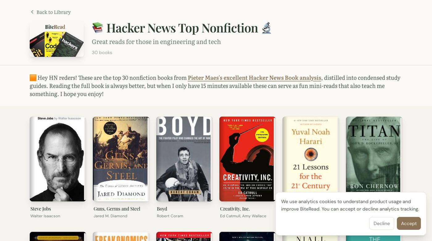 📚 Hacker News Top Nonfiction 🔬 | BiteRead — screenshot