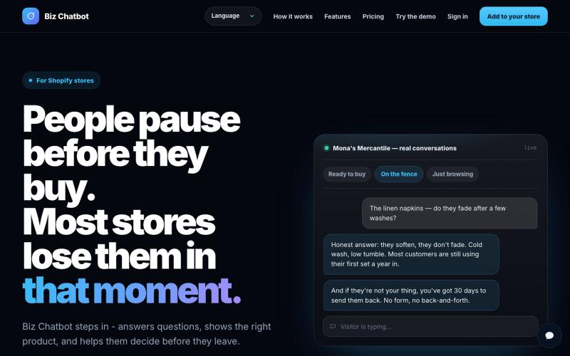 Biz Chatbot — Answer the questions before buyers leave — screenshot