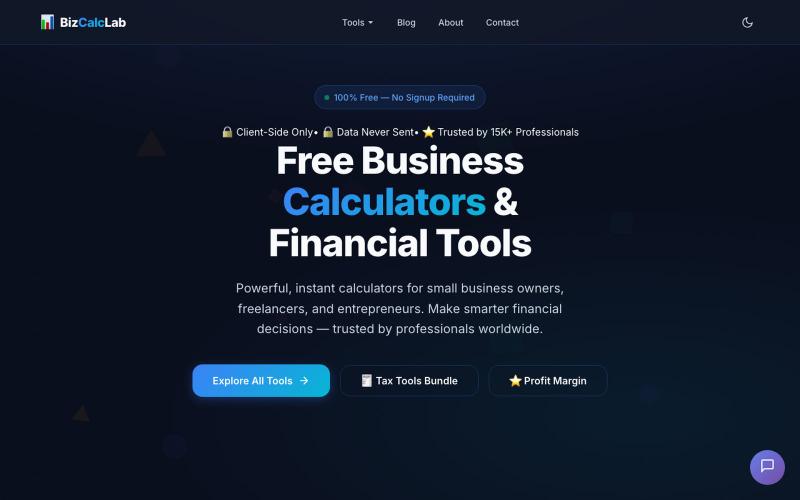 Free Business Calculators 2026 | Profit Margin, Break-Even & Tax Tools | BizCalc — screenshot
