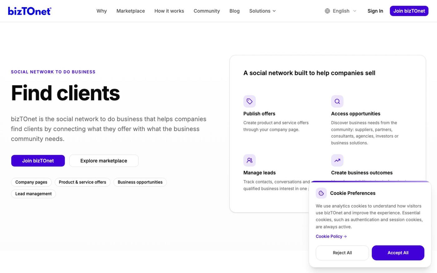 bizTOnet — Find clients | Social network to do business — screenshot
