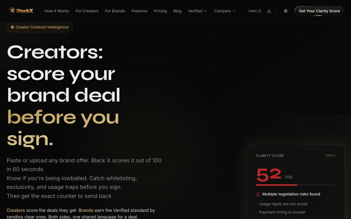 Score Creator Brand Deals Fast | Black X — screenshot