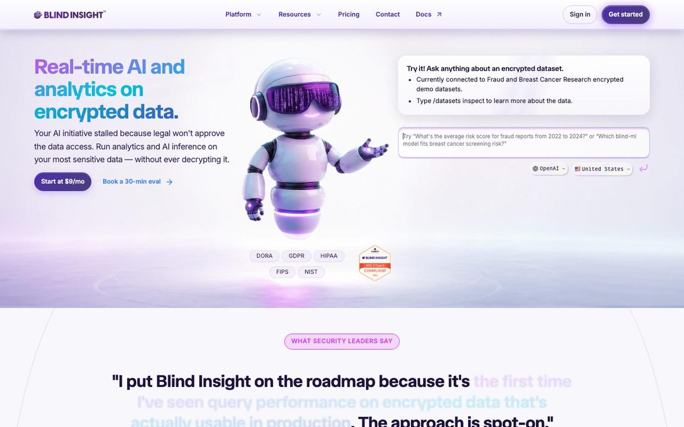 Encrypted data analytics & AI — Blind Insight — screenshot