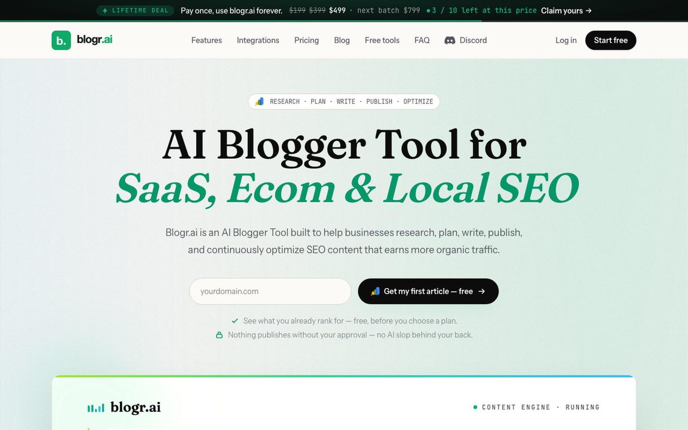 AI Blogger Tool for SaaS, Ecommerce & Local SEO | Blogr.ai — screenshot