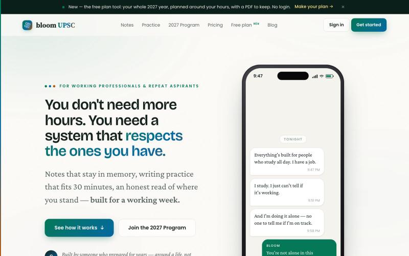 BLOOM UPSC — UPSC prep built for the hours you have — screenshot