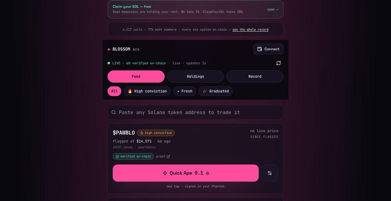 Blossom — Live Solana signals, proven on-chain — screenshot