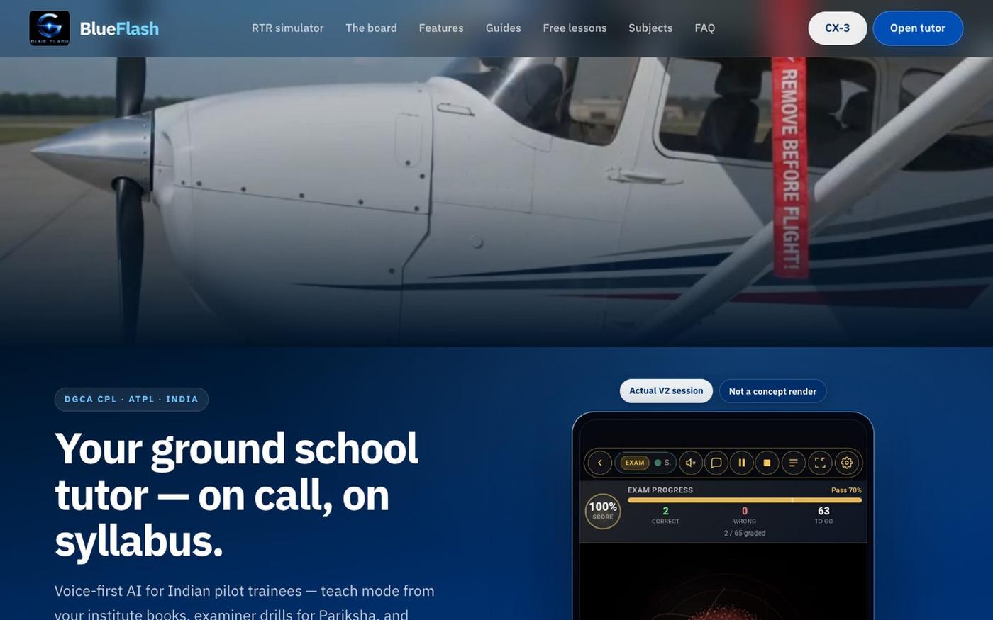 BlueFlash — DGCA CPL Ground Classes & Aviation AI Tutor India | RTR Simulator | — screenshot