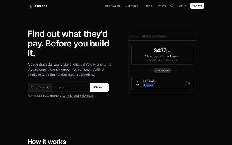 blunlock — find out what people would pay, before you build it — screenshot
