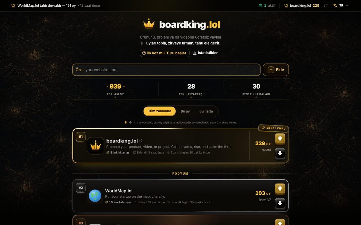 Ücretsiz Ürün Tanıtımı ve Canlı Sıralama · boardking.lol — screenshot