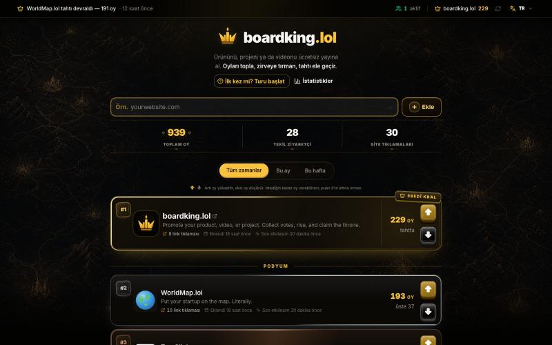 Ücretsiz Ürün Tanıtımı ve Canlı Sıralama · boardking.lol — screenshot